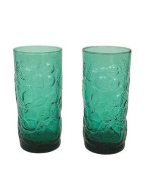 Vintage Indiana Glass Teal Green Embossed Fruit Pattern Tumbler  Glasses Set 2
